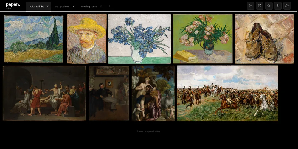 Papan reference board with a collection of artwork