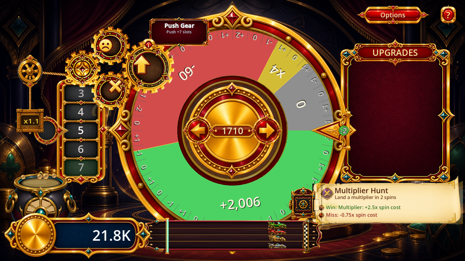 Wheely Lucky gameplay with Gear, Pulley, Race, Potion, and Contract add-on wheels active.
