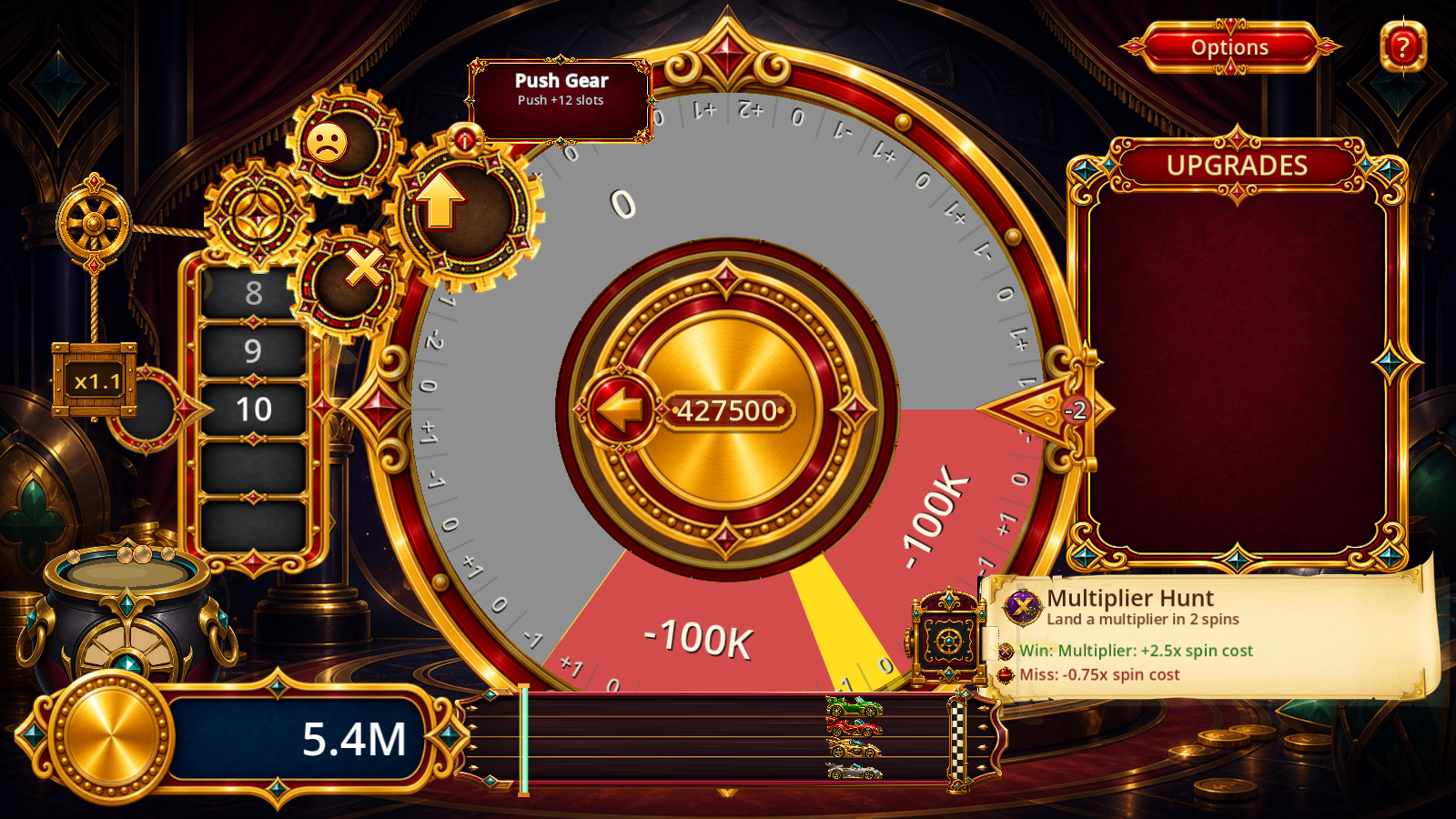 Wheely Lucky late-run wheel state showing a risky Wheel 10 outcome.