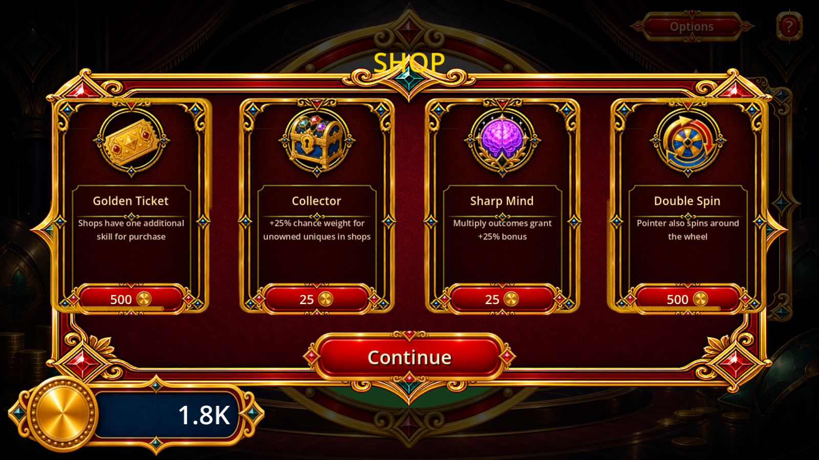 Wheely Lucky shop screen with four purchasable skill cards.
